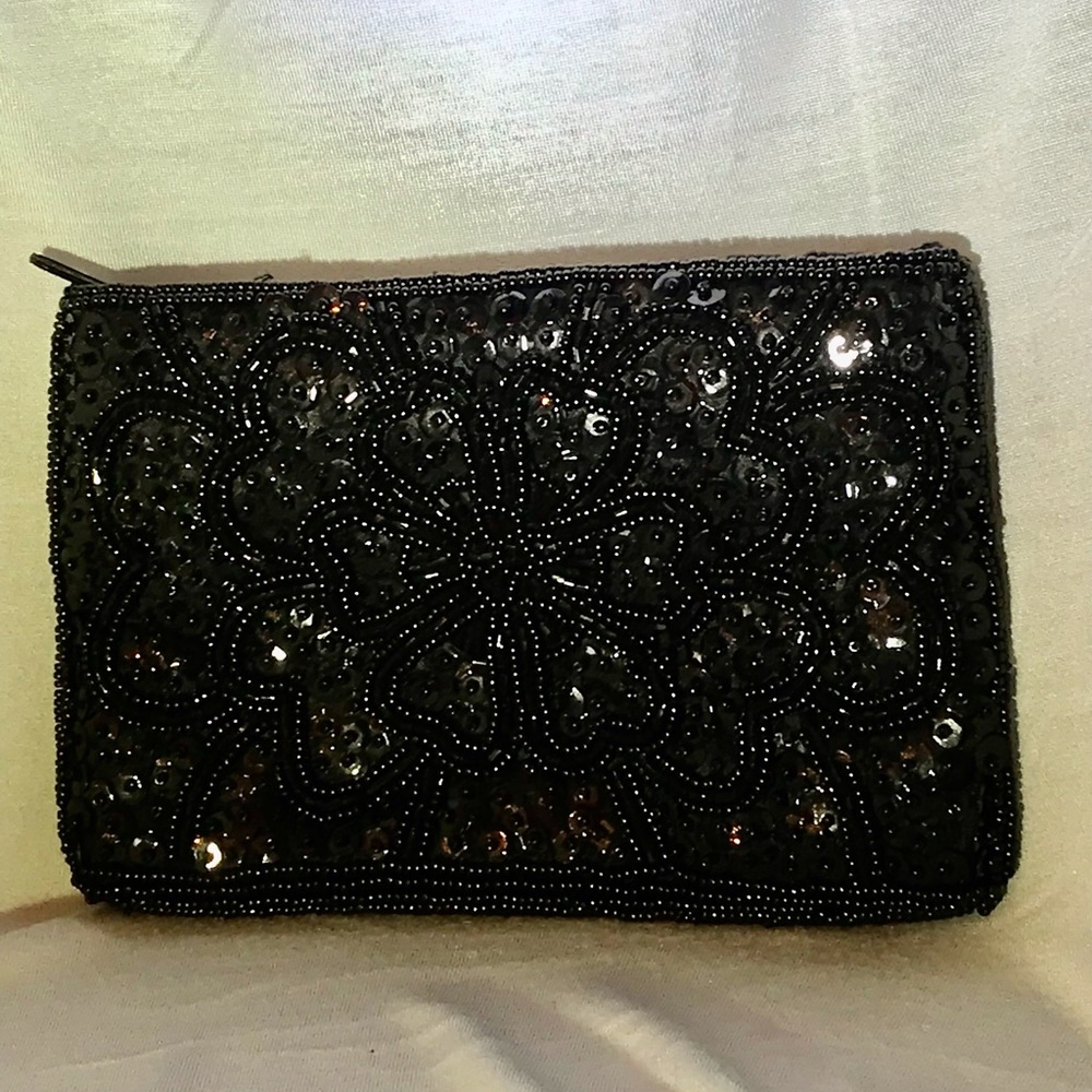 LaRegale, black silk, beaded (both sides) Evening Bag/Clutch, zipper closure.